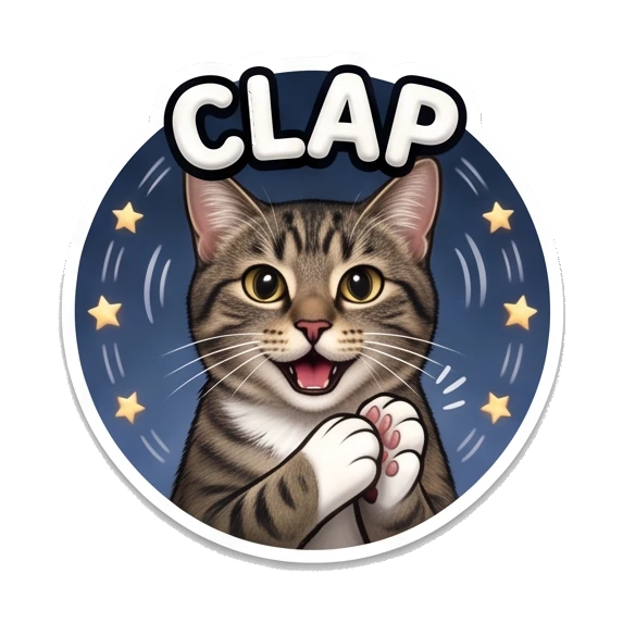 Tabby cat clapping paws together, text says CLAP. Cosmic Tabby Adventures sticker for expressive chats and social replies.