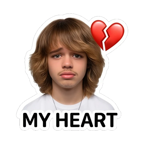 Teen boy looking sad with broken heart icon, text MY HEART Teen Boy Daily Vibes sticker for expressive chats and social replies.