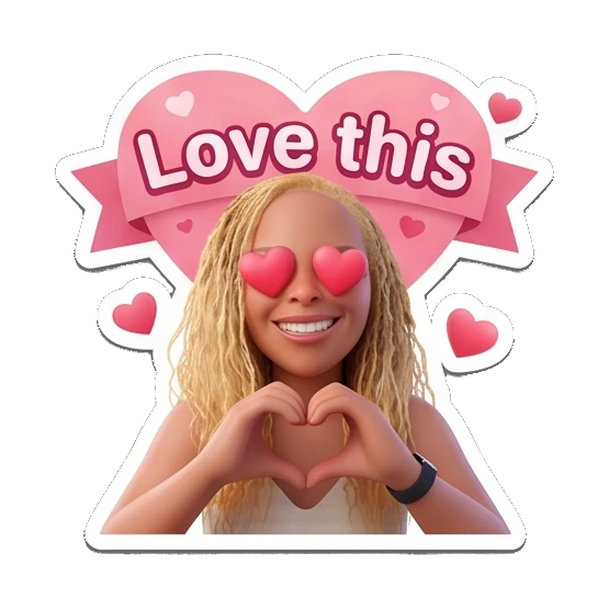 Blonde girl making a heart shape with hands and Love this text Blonde Girl Daily Vibes sticker for expressive chats and social replies.