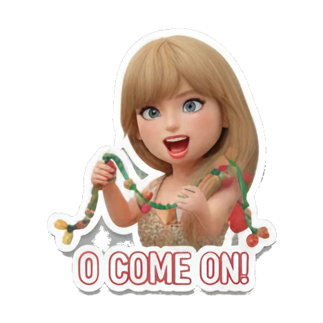 Blonde girl excited and holding Christmas lights, text O COME ON! Festive Blonde Holiday Vibes sticker for expressive chats and social replies.