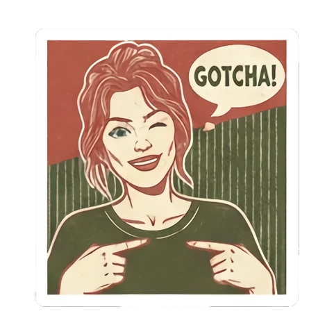 她指着GOTCHA Vintage Vixen Vibes sticker for expressive chats and social replies.