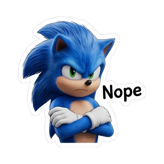 Sonic looking annoyed with crossed arms and Nope text Sonic Expressive Vibes sticker for expressive chats and social replies.