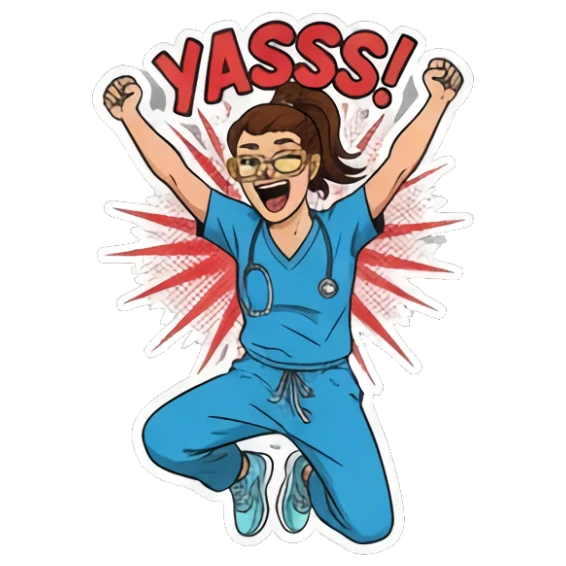 护士兴奋跳跃喊YASSS! Nurse Life Vibes sticker for expressive chats and social replies.