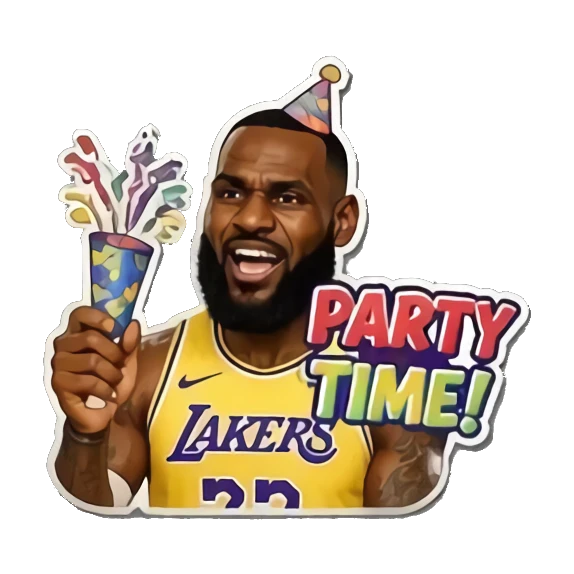 LeBron holding a party popper with text PARTY TIME! LeBron Court Vibes sticker for expressive chats and social replies.