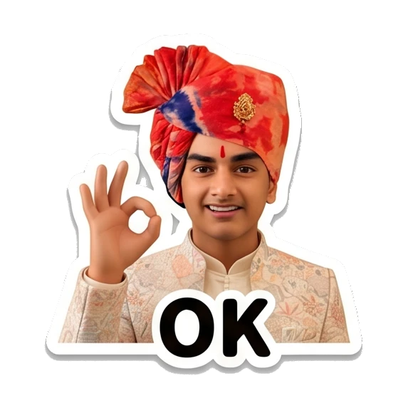 Young Indian boy in turban making an OK gesture with happy expression. Indian Prince Expressions sticker for expressive chats and social replies.
