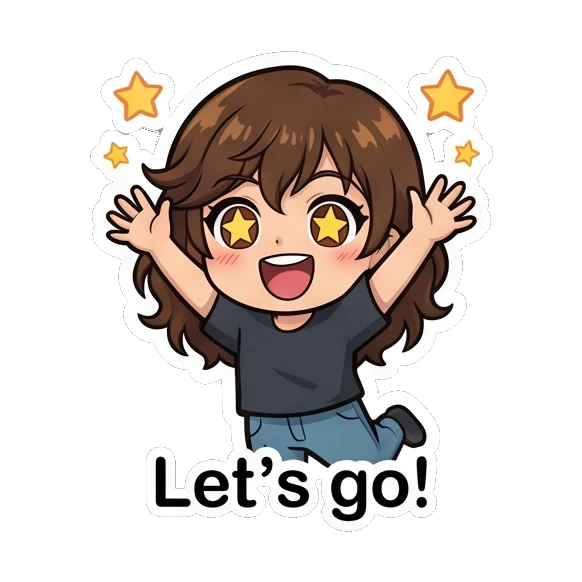 Brown-haired girl cheering with star-shaped eyes. Brown Hair Chibi Girl Daily Life sticker for expressive chats and social replies.