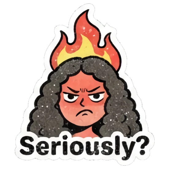 Angry girl with a fire aura above her head with text Seriously? Curly Hair Retro Vibes sticker for expressive chats and social replies.