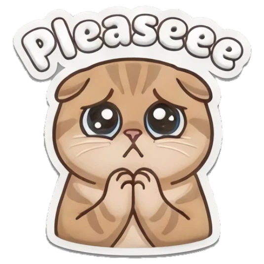 Sad tabby cat pleading with hands together and 'Pleaseee' text Puffy Tabby Cat Moods sticker for expressive chats and social replies.