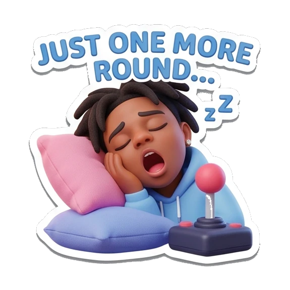 Gamer boy sleeping on pillow with controller, text 'JUST ONE MORE ROUND' Gamer Life Adventures sticker for expressive chats and social replies.