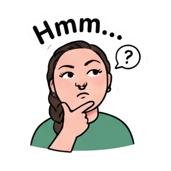 Girl resting chin on hand, thinking, text Hmm. Daily Vibe Girl sticker for expressive chats and social replies.