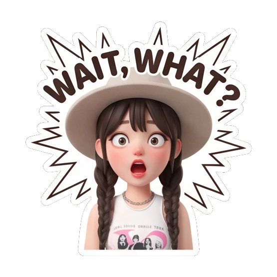 Girl in hat looking shocked with text WAIT WHAT Chic Hat Girl Expressions sticker for expressive chats and social replies.