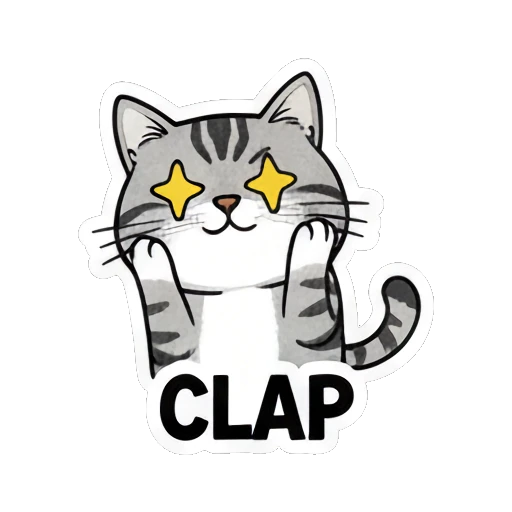 Gray cat with star eyes clapping happily saying CLAP Gray Tabby Moods sticker for expressive chats and social replies.