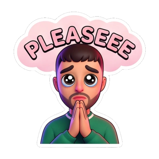 Guy pleading with hands together and Pleaseee text Cheerful Guy Daily Vibes sticker for expressive chats and social replies.