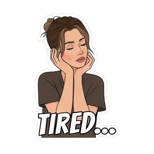 Tired 'TIRED...' with a crescent moon Young Woman's Expression Pack sticker for expressive chats and social replies.