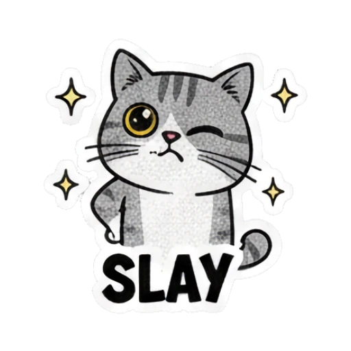 Grey cat looking cool and winking with text SLAY Grumpy Grey Cat Daily Moods sticker for expressive chats and social replies.