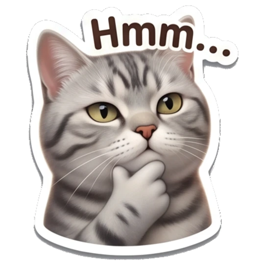 Thoughtful tabby cat touching chin with 'Hmm...' text Tabby Cat Daily Vibes sticker for expressive chats and social replies.