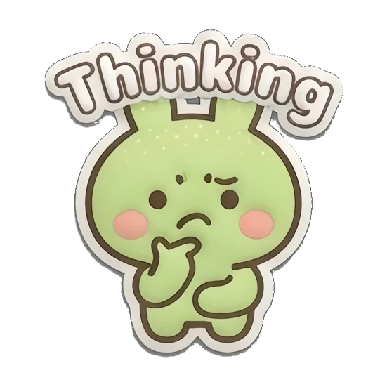 Pensive green bunny touching chin and 'Thinking' text. Puffy Green Bunny Adventures sticker for expressive chats and social replies.