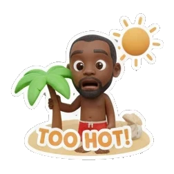 Man looking hot and sweaty under a palm tree, text TOO HOT! Summer Beach Vibes sticker for expressive chats and social replies.