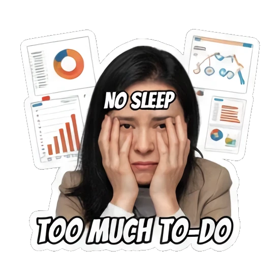 面对大量报表的疲惫 Grumpy Workaholic Life sticker for expressive chats and social replies.