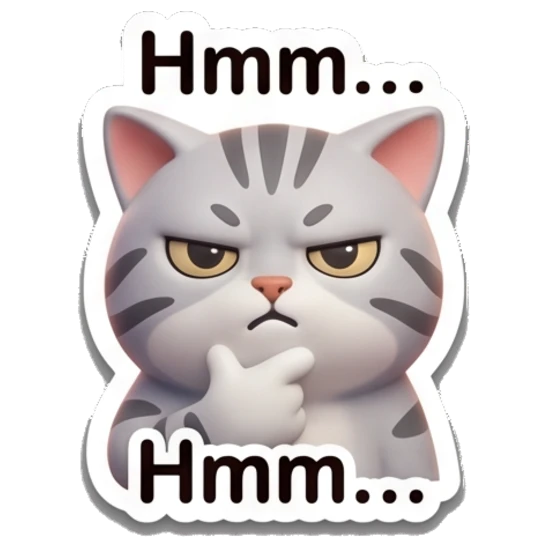 Pensive gray tabby cat thinking with a paw on chin and text 'Hmm...' Cheerful Gray Tabby Cat sticker for expressive chats and social replies.