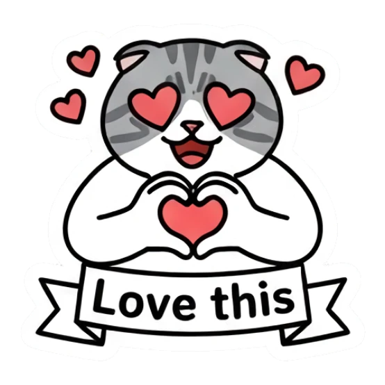 Loving gray cat forming a heart shape with paws with text Love this Gray Tabby Moods sticker for expressive chats and social replies.