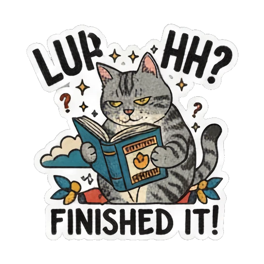 cat looking confused with book Literary Tabby Adventures sticker for expressive chats and social replies.