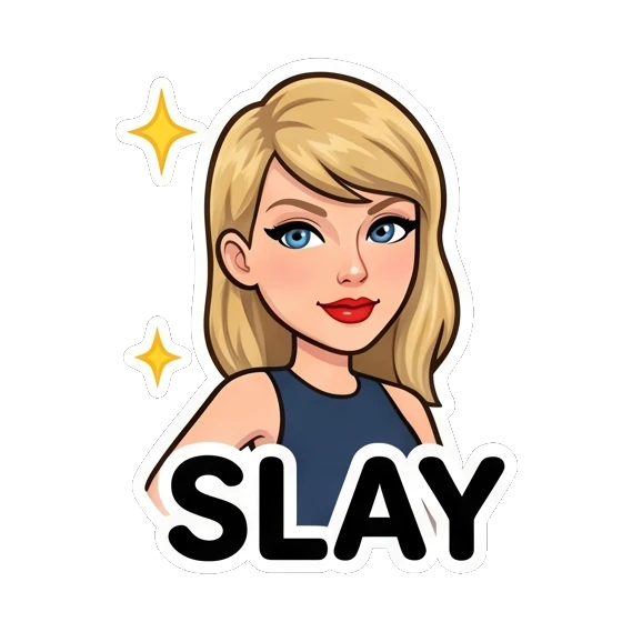Blonde girl posing confidently with text Slay Blonde Pop Icon Expressions sticker for expressive chats and social replies.