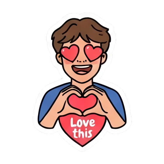 Boy holding a heart with 'Love this' text Cool Guy Daily Vibes sticker for expressive chats and social replies.
