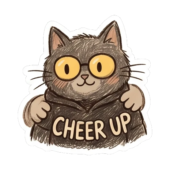 Cat cheering with paws up and text CHEER UP. Furry Doodle Cat Daily sticker for expressive chats and social replies.