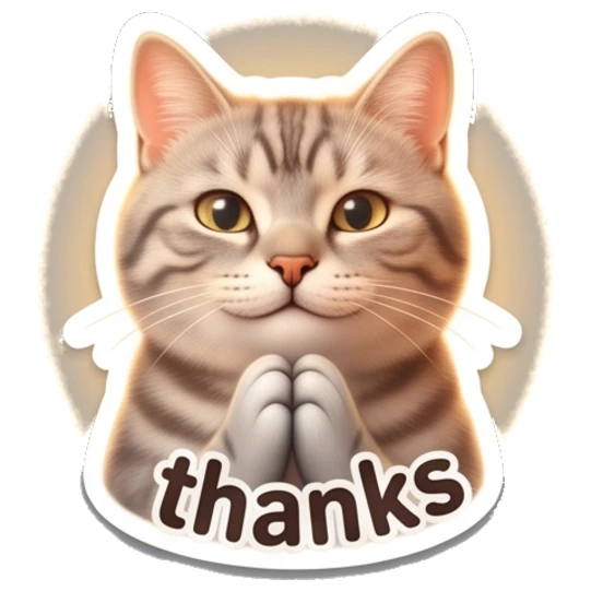 Tabby cat praying with glowing light and 'thanks' text Tabby Cat Daily Vibes sticker for expressive chats and social replies.