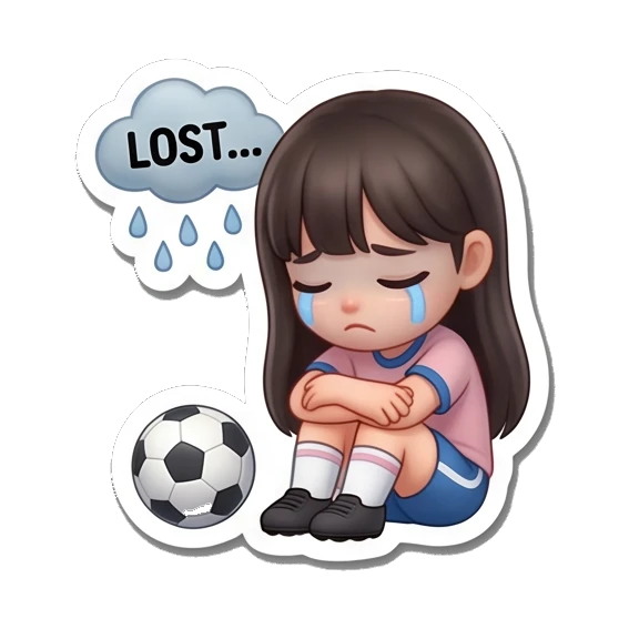 Girl sitting and crying with rain cloud and LOST text, sad expression Soccer Girl Daily Life sticker for expressive chats and social replies.