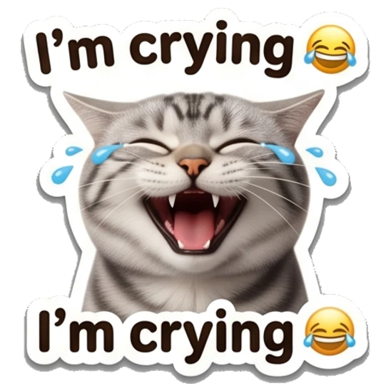 Laughing tabby cat crying with joy with I'm crying text Tabby Cat Daily Expressions sticker for expressive chats and social replies.