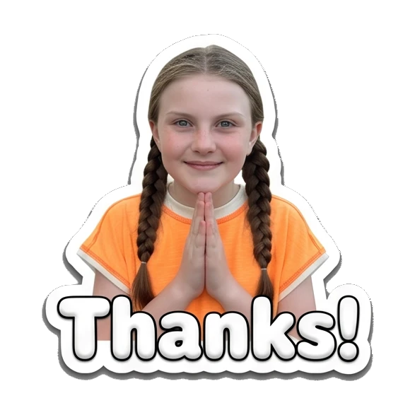 Girl with braided hair praying with text Thanks Cheerful Girl Daily Life sticker for expressive chats and social replies.