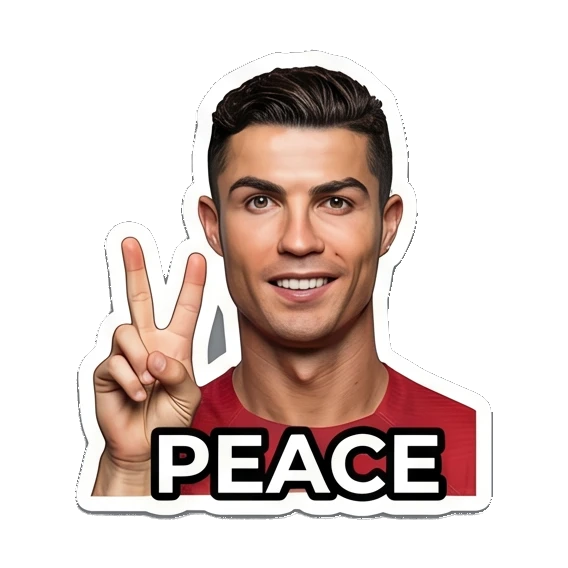 Cristiano Ronaldo making peace sign with PEACE text Cristiano Ronaldo Expressions sticker for expressive chats and social replies.