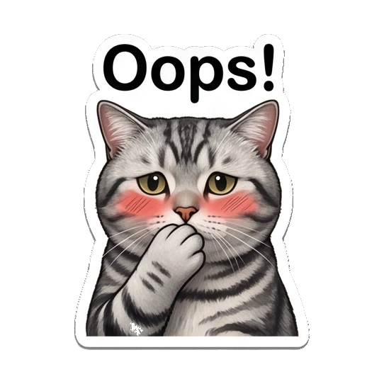 Shy blushing tabby cat covering mouth with text Oops! Fluffy Tabby Moods sticker for expressive chats and social replies.