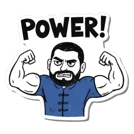 Strong man flexing muscles, "POWER!" Bearded Guy's Moods sticker for expressive chats and social replies.