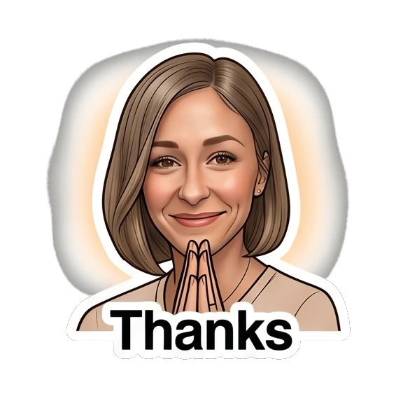 女性双手合十感谢，柔和光晕，文字Thanks Modern Woman Daily Vibes sticker for expressive chats and social replies.