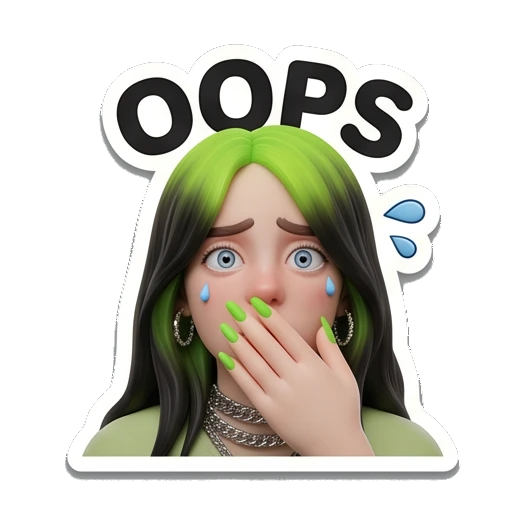 Billie character covering mouth with OOPS text, surprised Billie Eilish 3D Expressions sticker for expressive chats and social replies.