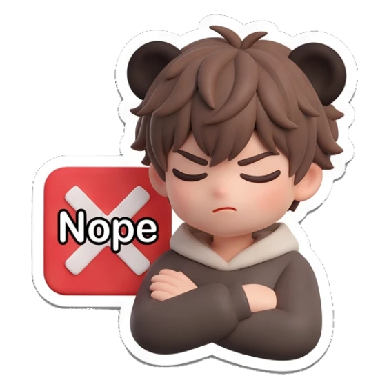 Annoyed boy with bear ears crossing arms with text Nope. Brown Bear Boy Daily sticker for expressive chats and social replies.