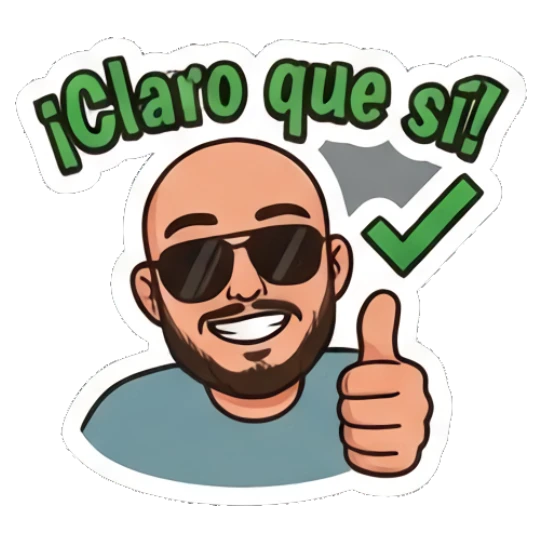 Bald man smiling with thumbs up, text Claro que sí Bald Guy Daily Vibes sticker for expressive chats and social replies.