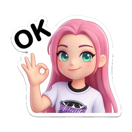 Pink-haired girl making an OK gesture with text OK Pinky Pop Adventures sticker for expressive chats and social replies.