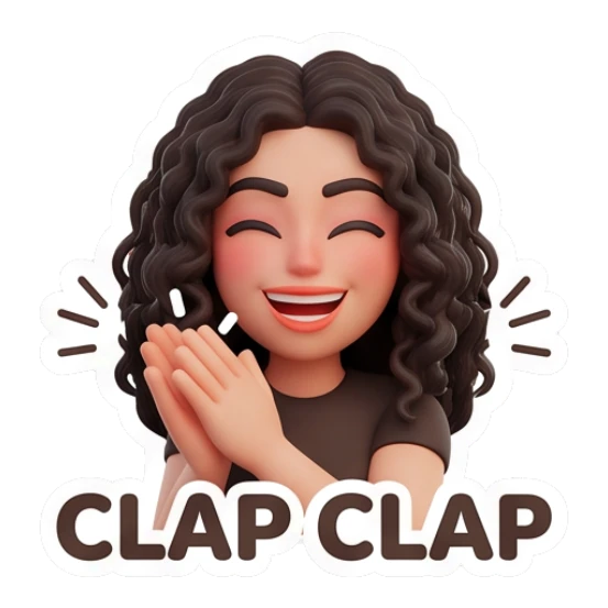 Woman with curly hair clapping hands, text CLAP CLAP Modern Couple Daily Vibes sticker for expressive chats and social replies.