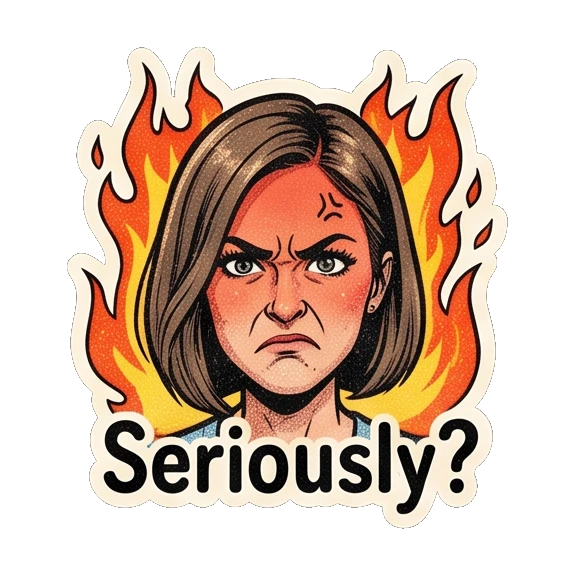 Young woman looking angry with flames with 'Seriously?' text Retro Comic Girl Expressions sticker for expressive chats and social replies.
