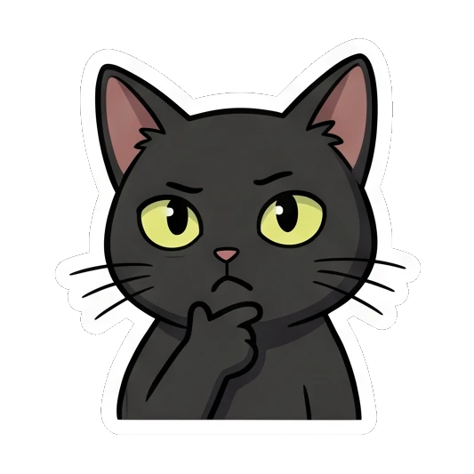 Black cat thinking deeply with a hand on its chin. Little Black Cat Expressions sticker for expressive chats and social replies.