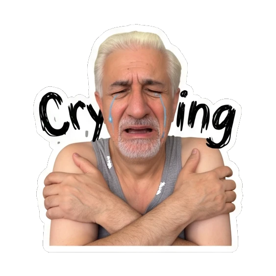 Man hugging himself and crying with 'Crying' text. Silver Fox Daily Vibes sticker for expressive chats and social replies.