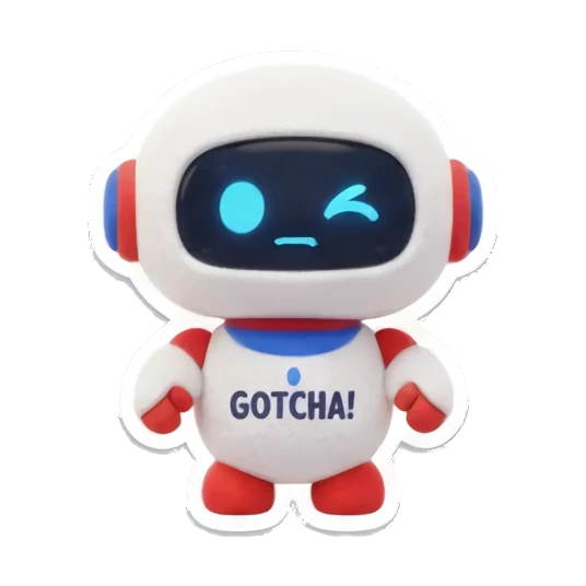 Winking robot saying gotcha Mini Bot Emotions sticker for expressive chats and social replies.