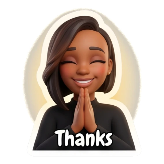 Woman with hands together in prayer, text says Thanks. Modern Chic Expressions sticker for expressive chats and social replies.