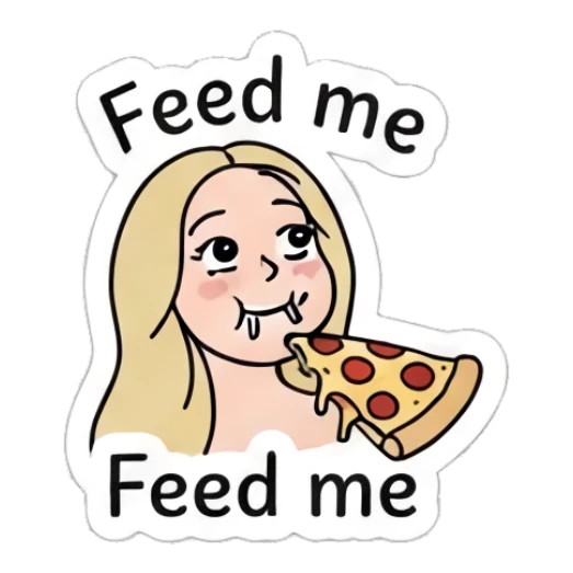 Blonde girl eating a slice of pizza with text Feed me Blonde Girl Daily Vibes sticker for expressive chats and social replies.