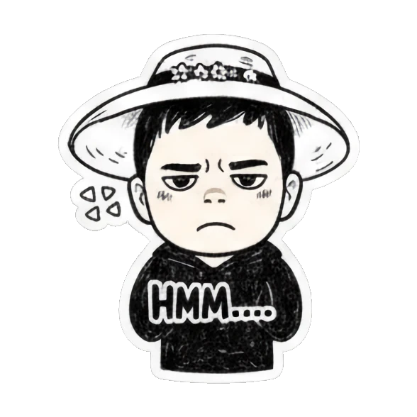 Pensive boy in a sun hat with 'HMM...' text. Cool Boy Doodle Diary sticker for expressive chats and social replies.