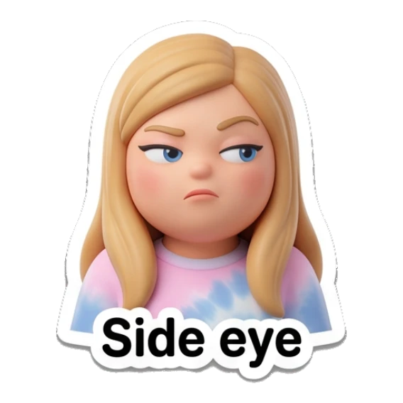 Blonde girl giving a skeptical side eye look, text Side eye Blonde Girl Daily Vibes sticker for expressive chats and social replies.